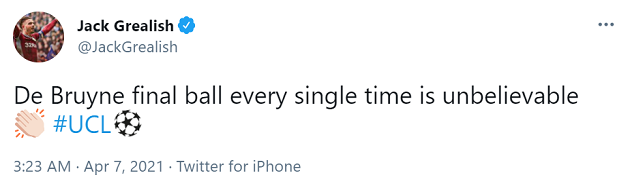 Kevin de Bruyne quá tuyệt, Jack Grealish liền đăng một dòng tweet
