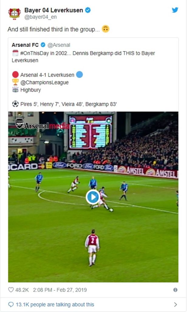 Vì làm điều lỡ dại, Arsenal bị Bayer Leverkusen châm biếm